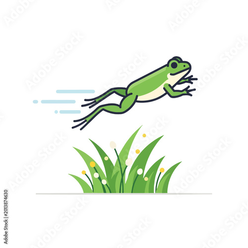 Minimalist illustration of a green frog leaping over green grass