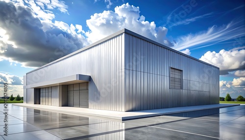 Modern corrugated metal building with large windows and reflective surface under a dramatic cloudy sky, industrial architecture concept