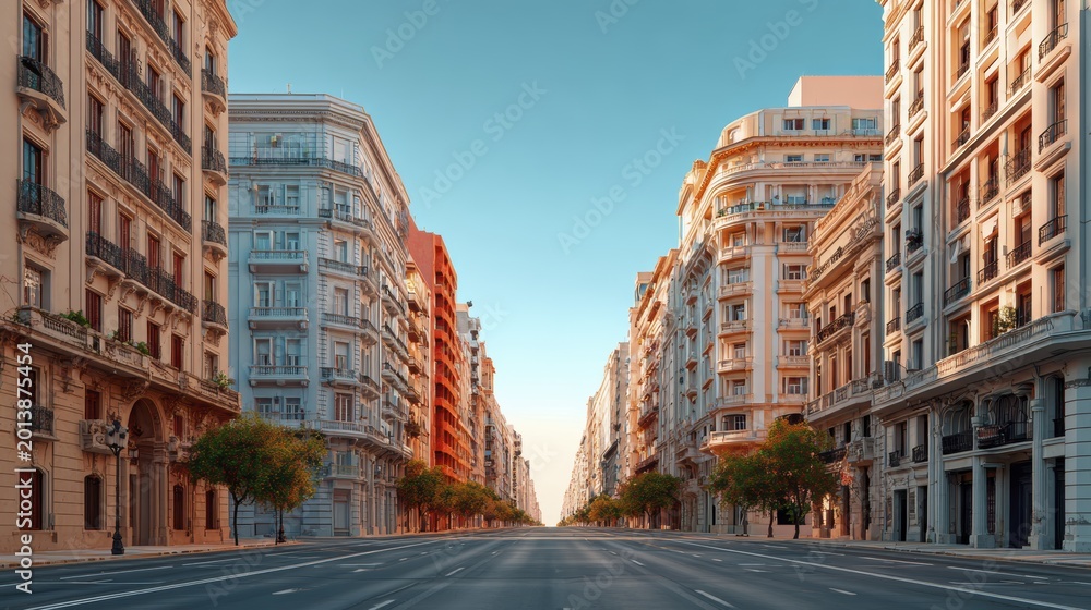 Fototapeta premium Symmetrical urban skyline at dusk with historic architecture and empty street