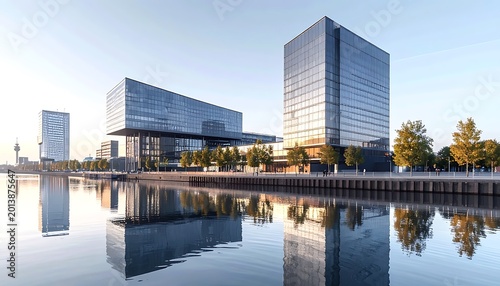 Modern glass office buildings reflecting the sky and trees in a calm waterfront district during golden hour, urban landscape