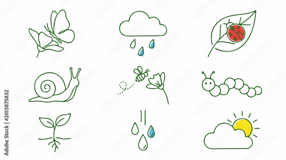 Obraz premium Garden Insects and Nature Ecosystem Doodle Set Vector