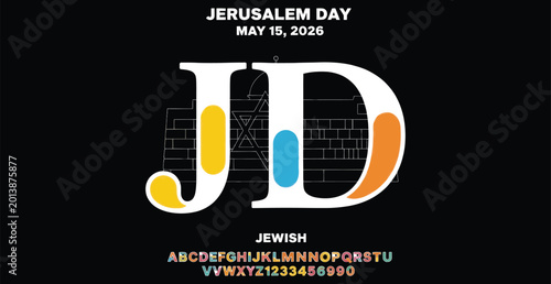 Jerusalem day celebration graphic design with colorful letters and city illustration