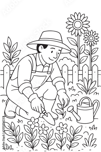 Fotografi Simple vector coloring page of a man gardening in a park, loosening the soil with a tool, featuring clean outlines and peaceful outdoor scenery