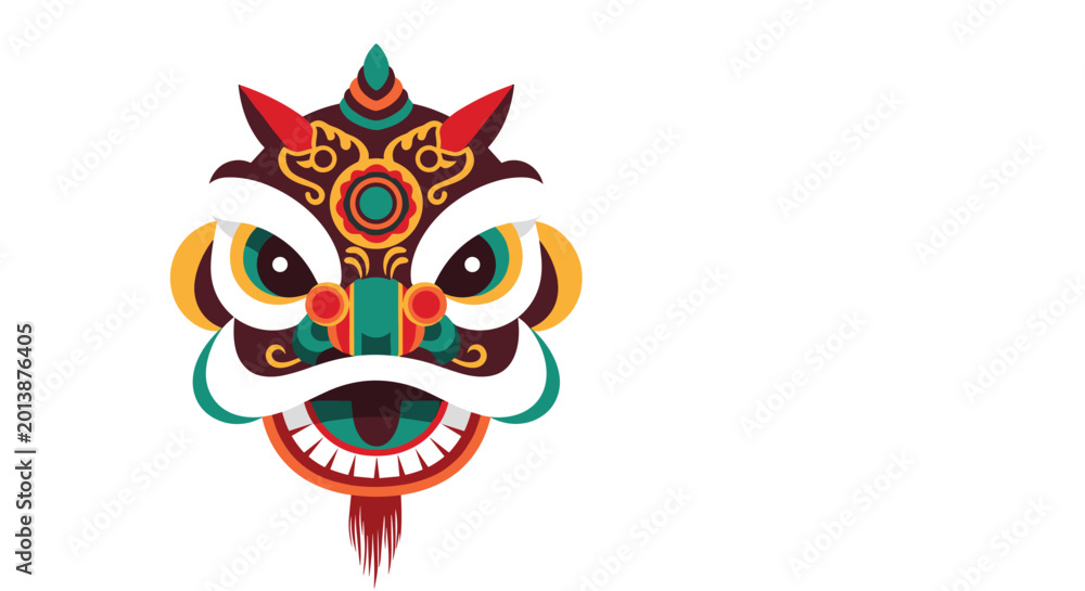 Fototapeta premium Detailed and colorful traditional Chinese dragon head illustration featuring intricate patterns and vibrant colors.