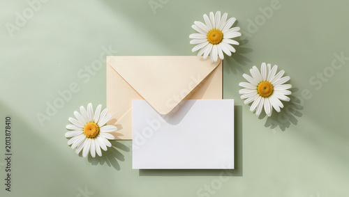 Blank Envelope, Paper Card, and Daisy Flowers on Green Background - Flat Lay