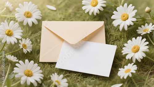 Blank Greetings Card and Envelope with White Daisies on Green Moss
