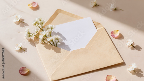 Blank Open Envelope with Delicate White Flowers and Scattered Petals