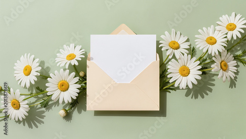 Blank Open Envelope with White Paper and Fresh Daisy Flowers on Green Background