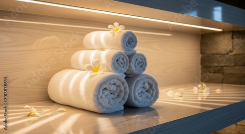Clean white rolled towels stacked with floral accents, soft ambient lighting, spa interior.