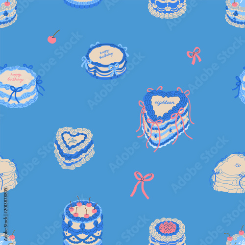 Holiday cakes seamless pattern. Birthday cream desserts, ribbon bows on repea...