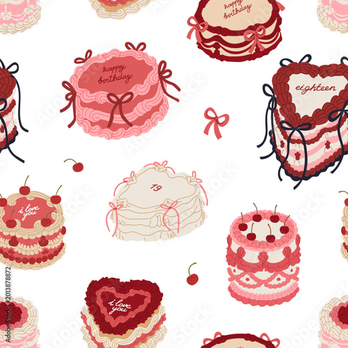 Birthday cakes seamless pattern design. Endless holiday texture, repeating pr...