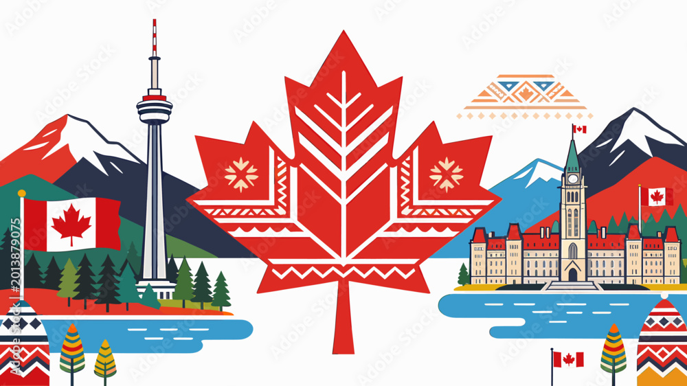 Naklejka premium Vibrant vector illustration showcasing iconic Canadian landmarks like the CN Tower and Parliament Building, framed by mountains and lakes, with a large stylized maple leaf at its core.