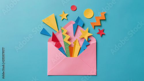 Colorful Origami Shapes Bursting from Pink Envelope on Blue Background