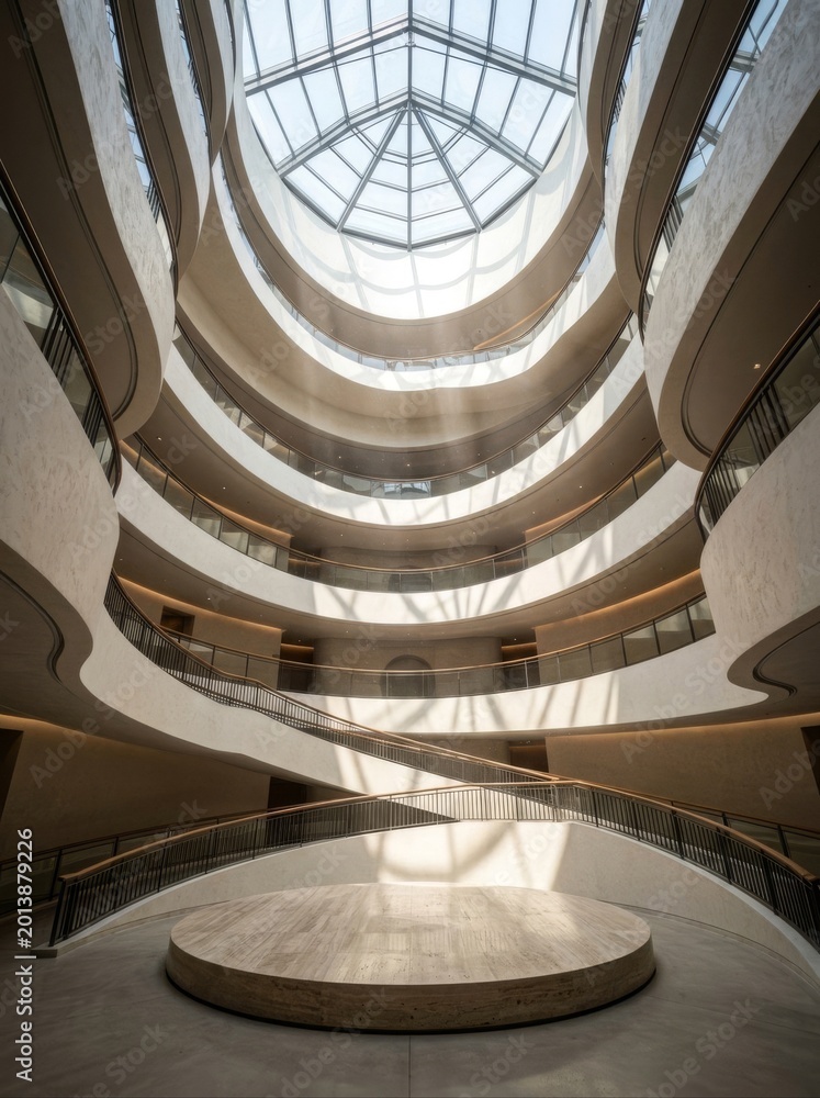 Obraz premium Modern Minimalist Atrium with Curved Balconies and Glass Dome Ceiling for Product Mockup Background
