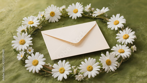 Daisy Flower Wreath with Blank Envelope on Green Fabric for Spring Messages