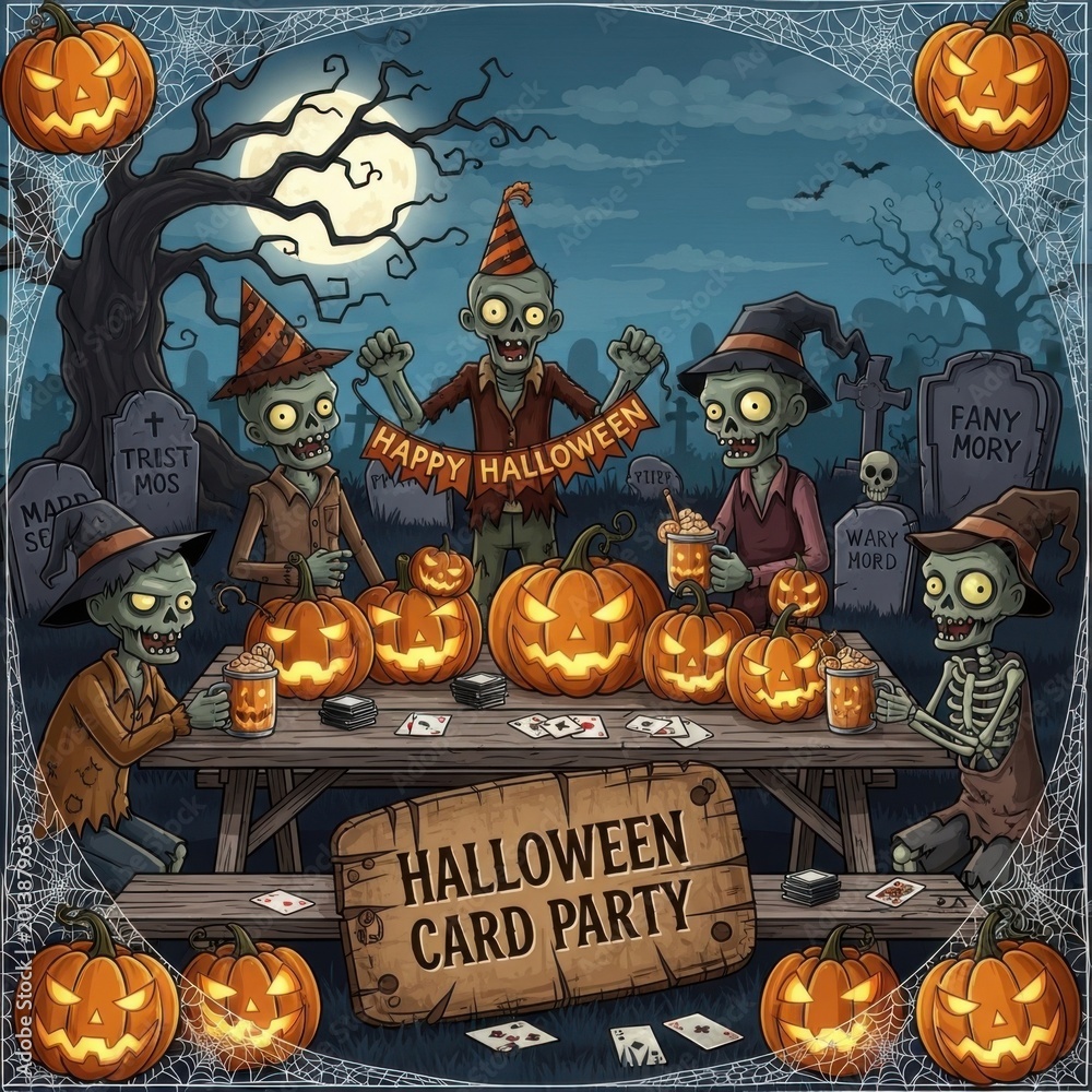 Fototapeta premium Whimsical Halloween Gathering of Cartoon Skeletons and Pumpkins in a Spooky Setting