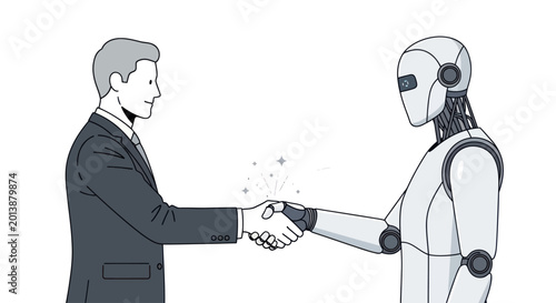 Businessman and robot shaking hands, symbolizing AI partnership and future collaboration.