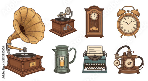 Collection of Vintage Technology and Retro Steampunk Device Illustrations