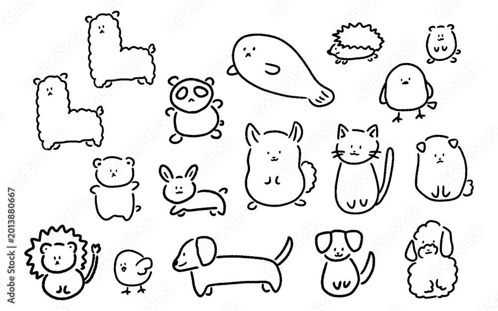 Fototapeta premium 手書きのゆるいタッチの動物のイラストセット