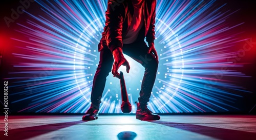 Dynamic Mic Drop on Stage with Futuristic Neon Light Backdrop Performance Art