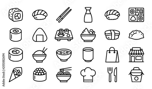 Sushi Line Icon Set 24 Editable Stroke Japanese Food Restaurant and Delivery Symbols Vector Collection