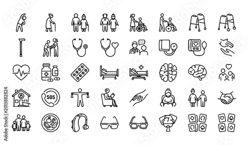 Obraz na płótnie Senior people flat line 25 icon set with elder care wheelchair nursing and edita