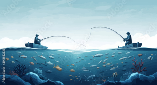 Fotografia Two fishermen in boats fishing on a calm ocean above a diverse underwater fish w