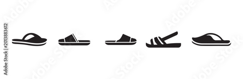Foto Summer flip flops side view icon set for beach travel apps.