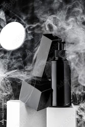 Luxury Black Cosmetic Product Mockups on Geometric Pedestals with Abstract Background