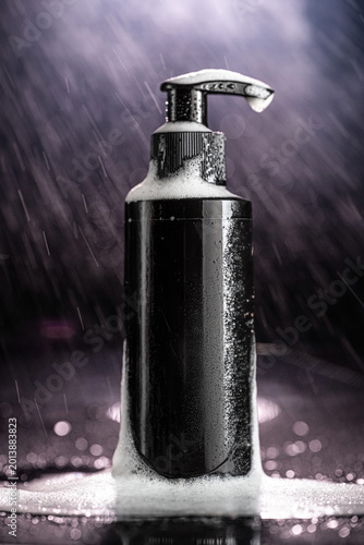 Luxury Black Cosmetic Product Mockups on Geometric Pedestals with Abstract Background