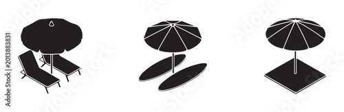 Foto Beach umbrella and loungers isometric set vector collection.