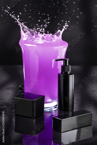 Luxury Black Cosmetic Product Mockups on Geometric Pedestals with Abstract Background