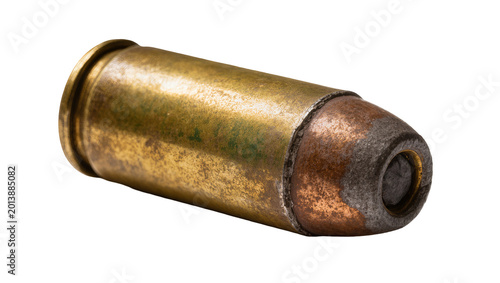 Картината върху платно Isolated old tarnished brass cartridge with lead bullet for firearm on clean bac