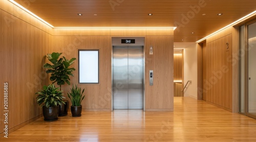 Modern office building elevator lobby with wood paneling potted plants and stainless steel doors interior architectural detail