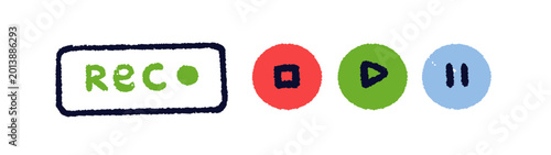 Rec, stop, play and pause, click buttons in modern doodle style. Audio and vi...