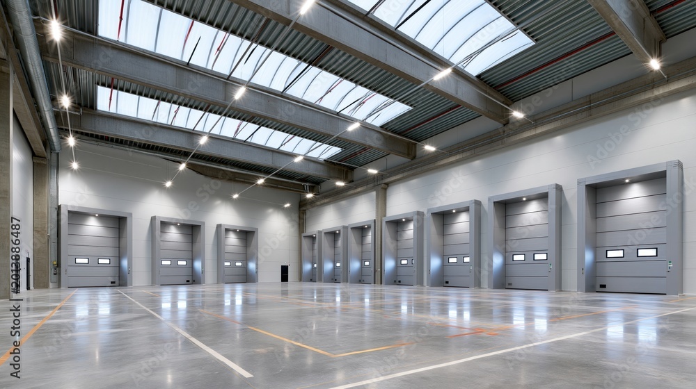 Obraz premium Spacious industrial warehouse interior with multiple loading docks and bright overhead lighting