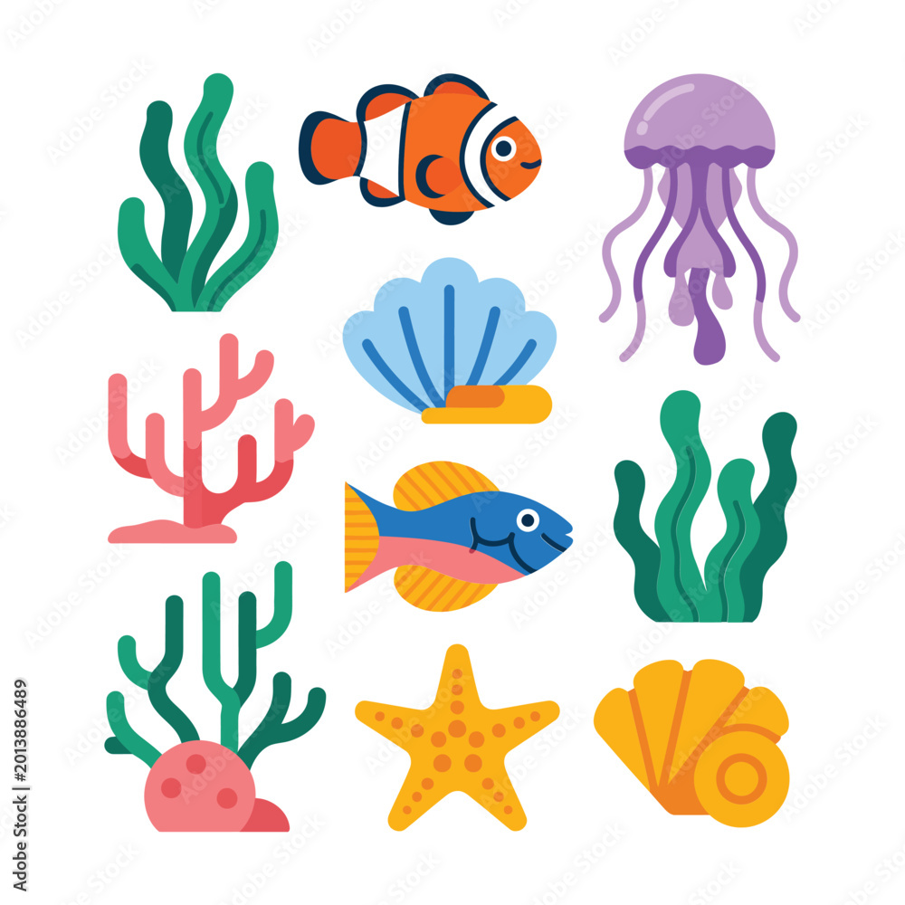 Fototapeta premium Underwater Reef Icon Set, Fish Starfish Shell Jellyfish Seaweed Coral, Colorful Flat Vector Sticker Pack, Cute Ocean Clipart Collection