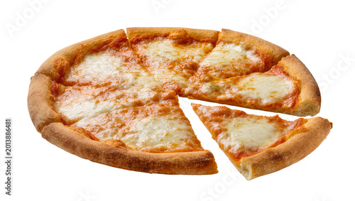 Foto Isolated whole round pizza pie with one separate slice removed and ready to enjo