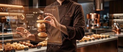 Chef using holographic display for bakery analytics with pastries