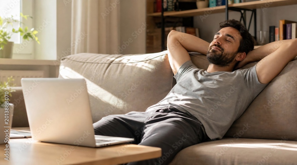 Fototapeta premium Relaxed Man Taking a Break from Remote Work on Sofa at Home