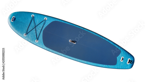 Tableau sur toile Isolated inflatable stand up paddleboard with blue deck pad and bungee cords for