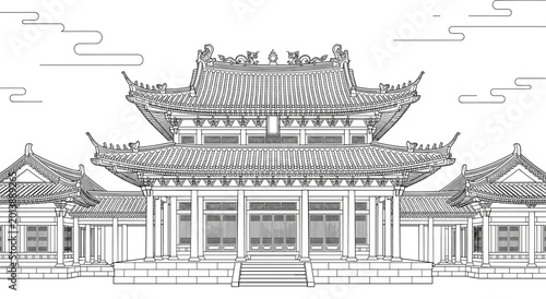 Foto Traditional Chinese Temple Architecture Line Art Illustration Featuring Ornate R
