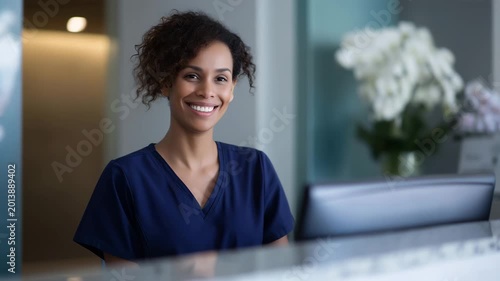 Friendly clinic front desk assistant smiling at reception counter, professional healthcare service in bright medical office interior clinic assistant, medical receptionist, health