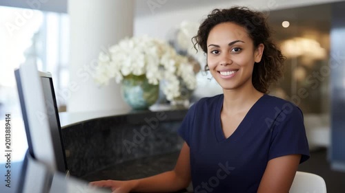 Friendly clinic front desk assistant smiling at reception counter, professional healthcare service in bright medical office interior clinic assistant, medical receptionist, health