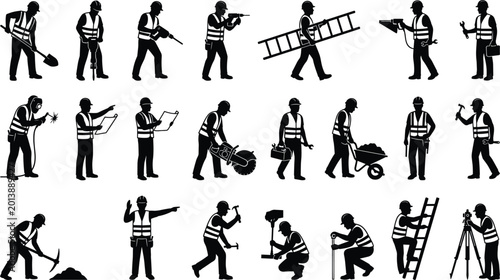 Foto Construction worker silhouette set featuring builders, engineers and industrial