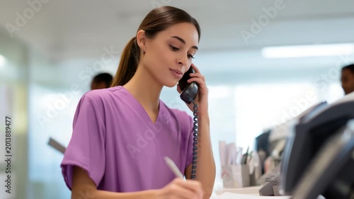Professional clinic assistant in purple medical scrubs taking phone call and writing patient notes at bright healthcare front desk clinic assistant, medical receptionist, healthcar