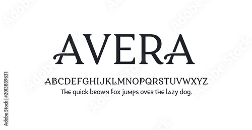 Elegant avera serif font display with alphabet and sample sentence