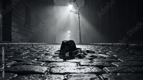 Black and white noir scene with fedora hat and scarf on cobblestone street beneath a street lamp