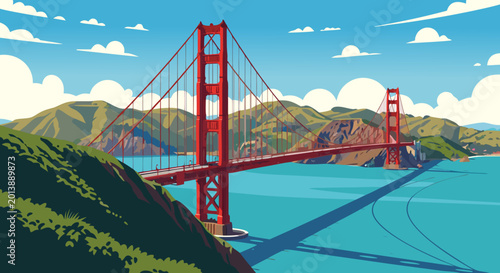 Tableau sur toile Iconic Golden Gate Bridge Landscape with Blue Water and Green Hills Under a Sunn