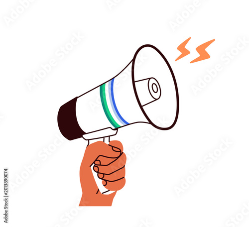 Hand holding megaphone with homosexual gay flag. Loudspeaker, bullhorn for LG...